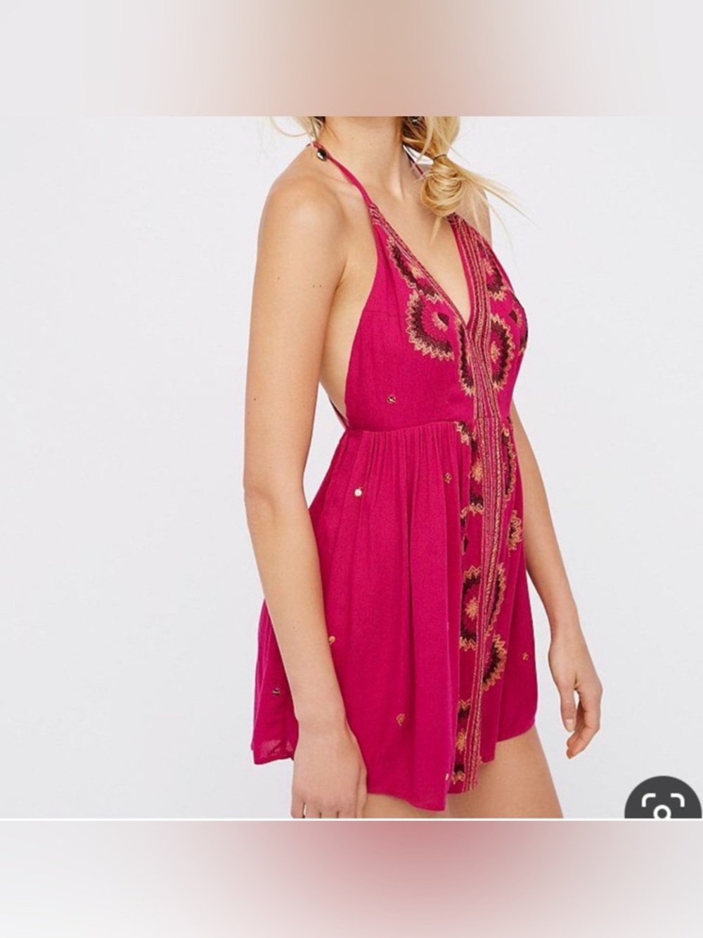 Intimately Free People Fuchsia Embroidered Halter Feminine Boho Mini Dress Sz M